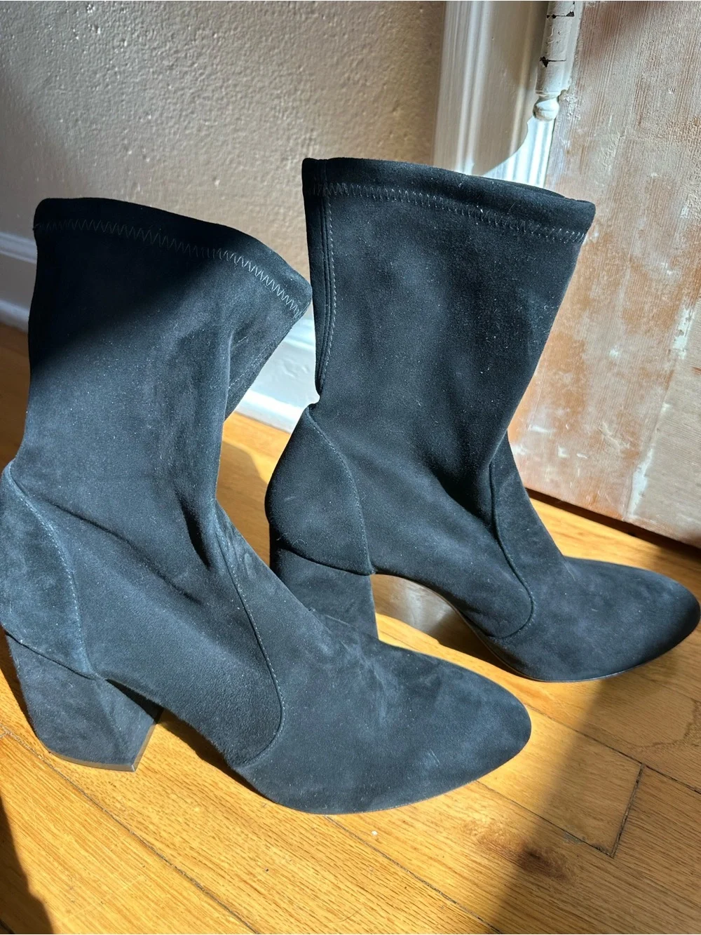 Stuart Weitzman Yuliana Black Suede Flareblock Heel Sock Boot
